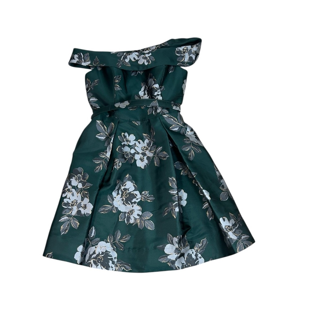 Eliza J Off the Shoulder Emerald Green Brocade Floral Belted Dress Sz 10 - Picture 8 of 16